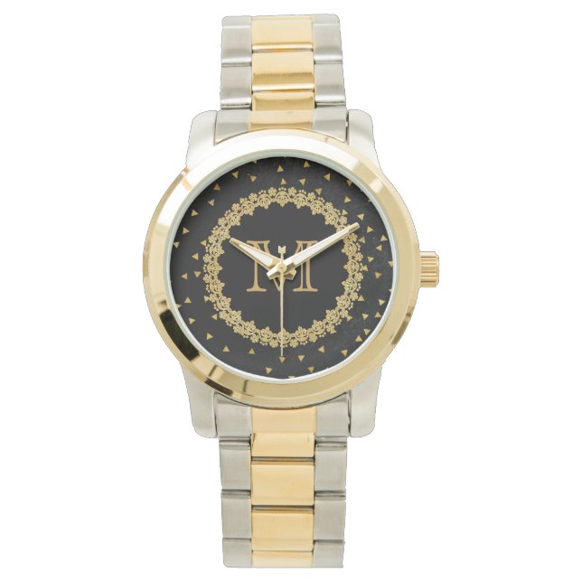 Reloj De Pulsera Black and Gold Sparkle Monogram (Anverso)