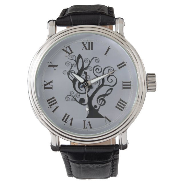 Reloj De Pulsera Black and Silver Music Treble Clef Tree Watch (Anverso)