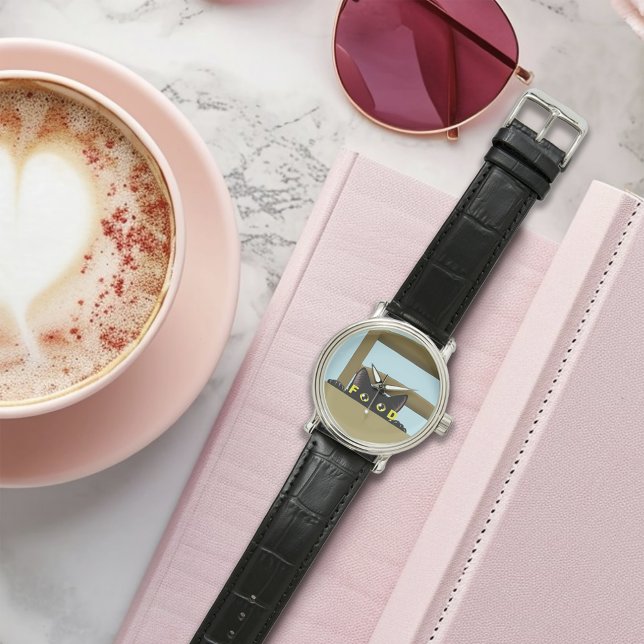 Reloj De Pulsera Black Cat Food Funny Hungry Kitty Humor (Subido por el creador)