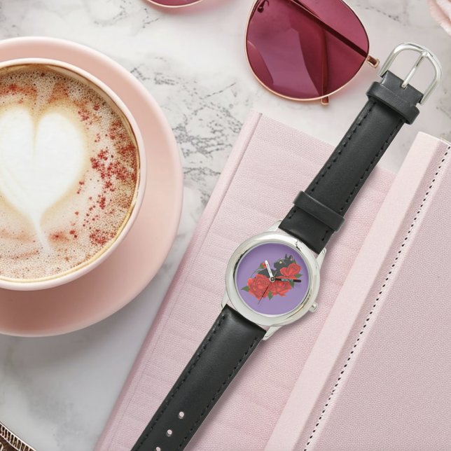 Reloj De Pulsera Black Cat Roses Red Roses Purple (Subido por el creador)