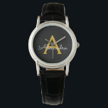 Reloj De Pulsera Black Gold Modern Script Girly Monograma Nombre<br><div class="desc">Reloj de nombres de monograma de escritura simple en negro y dorado. Esto hace que la graduación perfecta, el cumpleaños, el boda, la ducha de novia, el aniversario, la ducha de bebé o la fiesta de soltera sea un regalo para alguien que ama el lujo glam y los estilos de...</div>