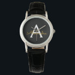 Reloj De Pulsera Black Gold Modern Script Girly Monograma Nombre<br><div class="desc">Reloj de nombres de monograma de escritura simple en negro y dorado. Esto hace que la graduación perfecta, el cumpleaños, el boda, la ducha de novia, el aniversario, la ducha de bebé o la fiesta de soltera sea un regalo para alguien que ama el lujo glam y los estilos de...</div>