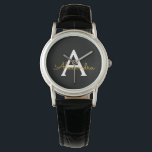 Reloj De Pulsera Black Gold Modern Script Girly Monograma Nombre<br><div class="desc">Reloj de nombres de monograma de escritura simple en negro y dorado. Esto hace que la graduación perfecta, el cumpleaños, el boda, la ducha de novia, el aniversario, la ducha de bebé o la fiesta de soltera sea un regalo para alguien que ama el lujo glam y los estilos de...</div>