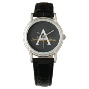 Reloj De Pulsera Black Gold Modern Script Girly Monograma Nombre