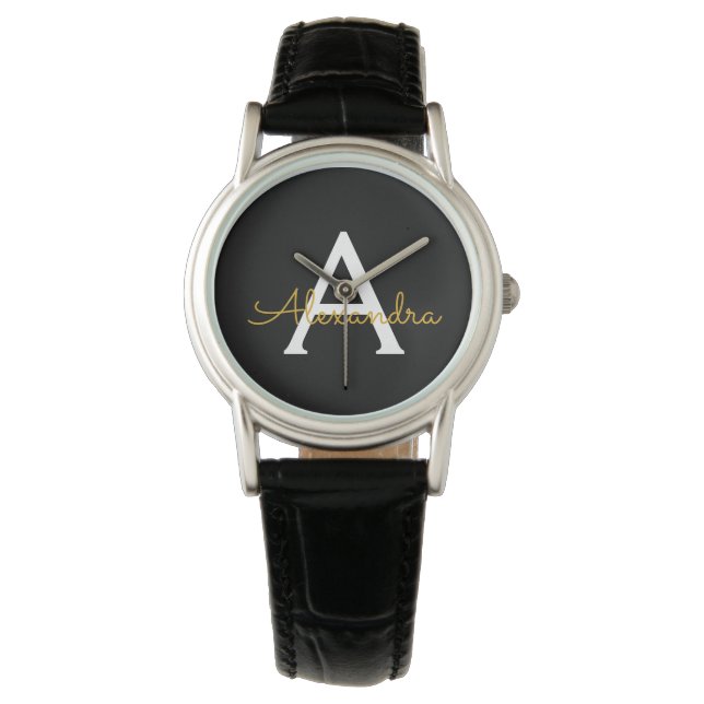 Reloj De Pulsera Black Gold Modern Script Girly Monograma Nombre (Anverso)