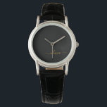 Reloj De Pulsera Black Gold Modern Script Girly Monograma Nombre<br><div class="desc">Reloj de nombres de monograma de escritura simple en negro y dorado. Esto hace que la graduación perfecta, el cumpleaños, el boda, la ducha de novia, el aniversario, la ducha de bebé o la fiesta de soltera sea un regalo para alguien que ama el lujo glam y los estilos de...</div>