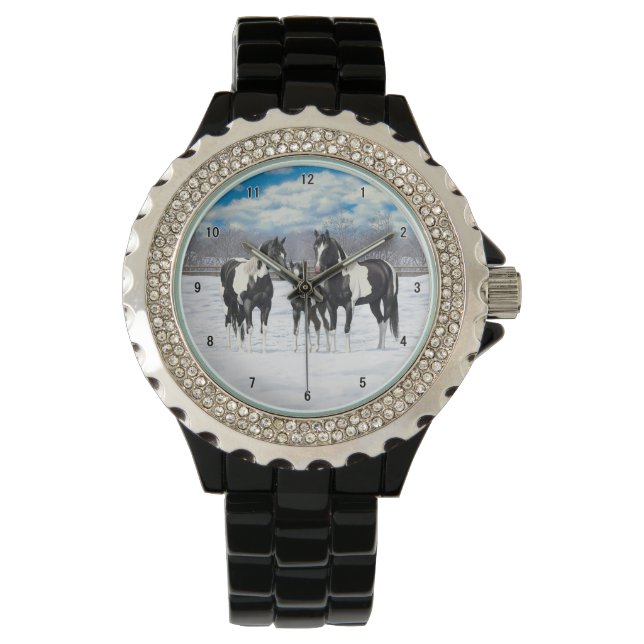 Reloj De Pulsera Black Pinto Quarter Horse Pintando En Nieve (Anverso)