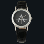 Reloj De Pulsera Black Silver Modern Script Girly Monograma Nombre<br><div class="desc">Reloj de nombres de monograma de escritura simple en negro y plateado. Esto hace que la graduación perfecta, el cumpleaños, el boda, la ducha de novia, el aniversario, la ducha de bebé o la fiesta de soltera sea un regalo para alguien que ama el lujo glam y los estilos de...</div>