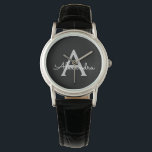 Reloj De Pulsera Black Silver Modern Script Girly Monograma Nombre<br><div class="desc">Reloj de nombres de monograma de escritura simple en negro y plateado. Esto hace que la graduación perfecta, el cumpleaños, el boda, la ducha de novia, el aniversario, la ducha de bebé o la fiesta de soltera sea un regalo para alguien que ama el lujo glam y los estilos de...</div>