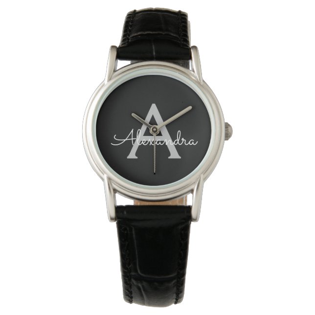 Reloj De Pulsera Black Silver Modern Script Girly Monograma Nombre (Anverso)