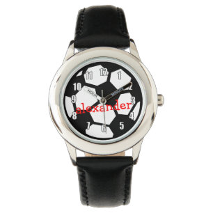 Reloj De Pulsera Black Soccer Ball and Name