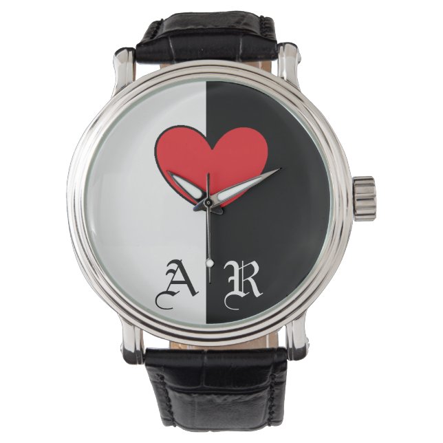 Reloj De Pulsera Black White Heart Watch Con Iniciales (Anverso)