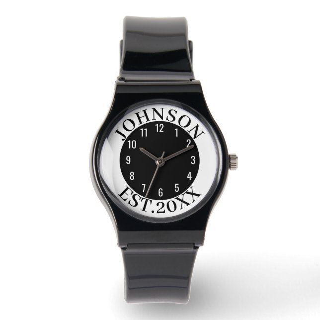 Reloj De Pulsera Black & White Minimal Personalized Family Name Est (Anverso)