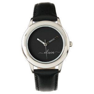 Reloj De Pulsera Black White Modern Script Girly Monograma Nombre