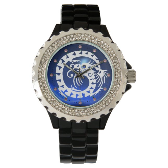 Reloj De Pulsera BLANCO APERITIVO DRAGON Negro, azul, gemas rosados (Anverso)