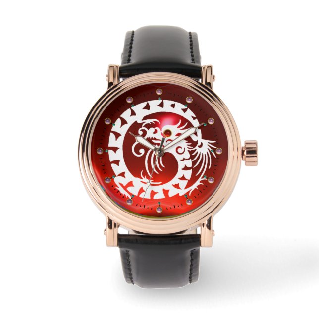 Reloj De Pulsera BLANCO APERITIVO DRAGON Negro, Ruby Rojo, Gemas ro (Anverso)