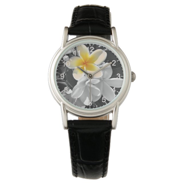 Reloj De Pulsera Blanco Negro Con Un Frangipani Amarillo, Mirando (Anverso)