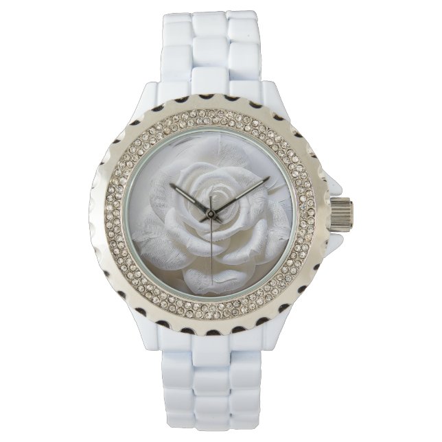 Reloj De Pulsera Blanco Sobre Blanco - Rosa Esculpida (Anverso)