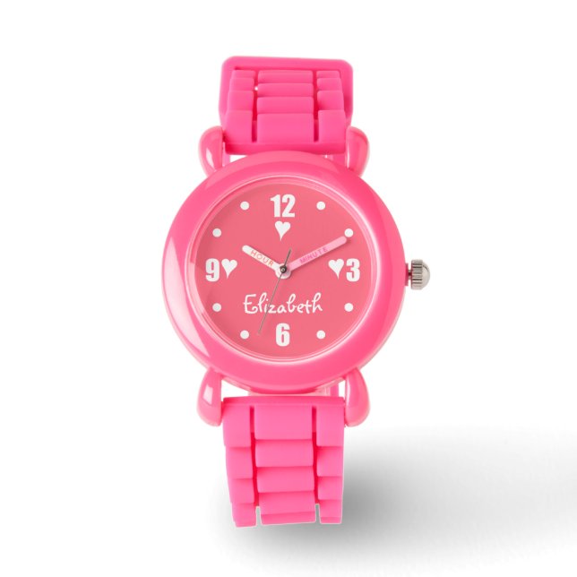 Reloj De Pulsera Blanco y rosa con corazones y nombre (Anverso)