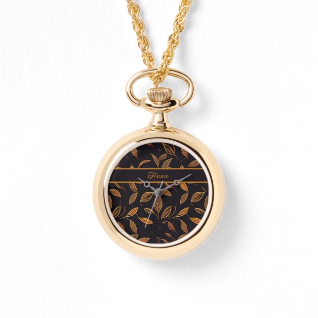 Reloj De Pulsera Blätter braun auf schwarzem Hintergrund Muster (Anverso)