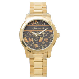 Reloj De Pulsera Blätter und Ranken orange auf schwarz Muster