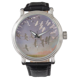 Reloj De Pulsera Bloque de Ibis volando sobre humedales, aves vitíc