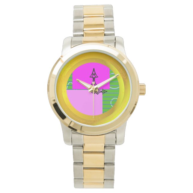 Reloj De Pulsera Bloques rosas modernos en verde dorado (Anverso)