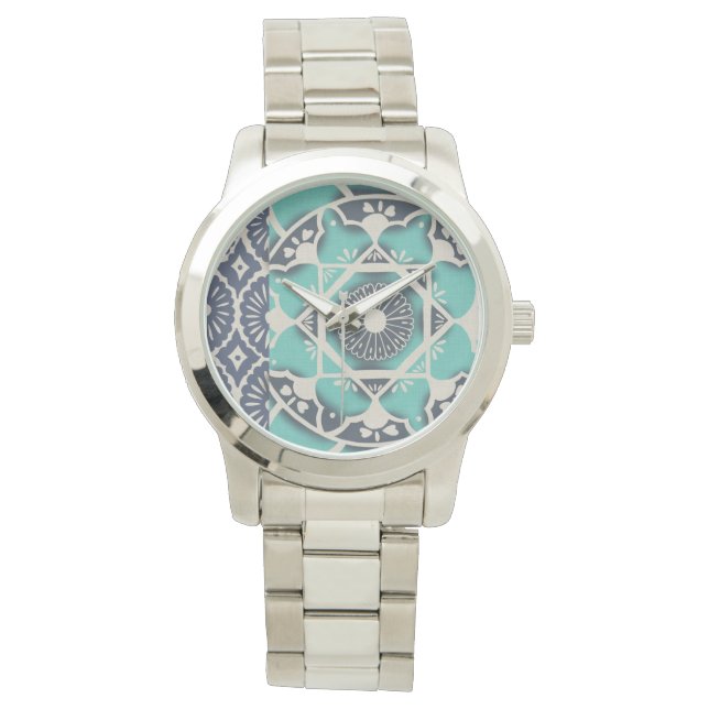Reloj De Pulsera Blue Batik Tile II (Anverso)