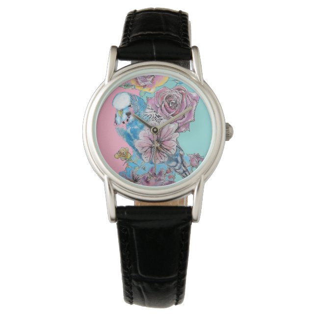 Reloj De Pulsera Blue Budgie Budgies Rosa Flor Flor Llave Anillo (Anverso)