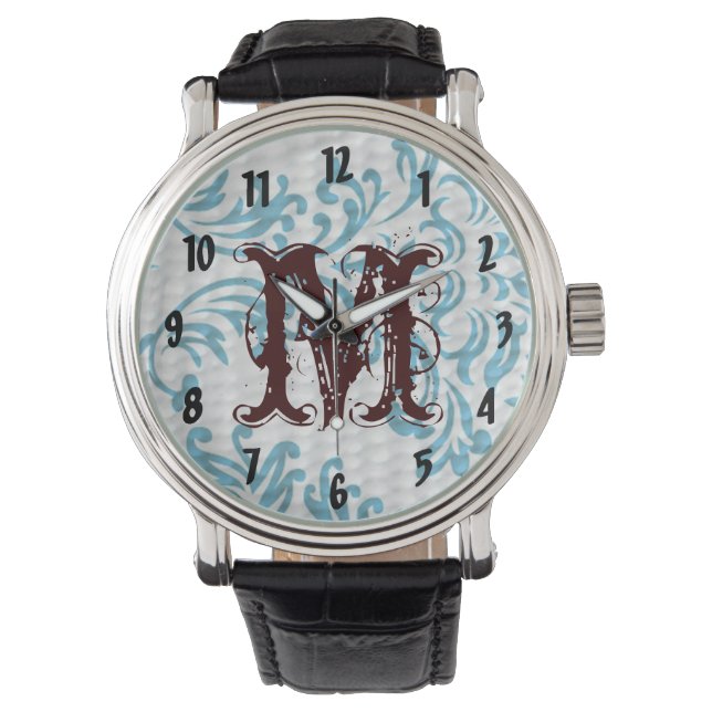 Reloj De Pulsera Blue Filigree Damask Writing Watch (Anverso)