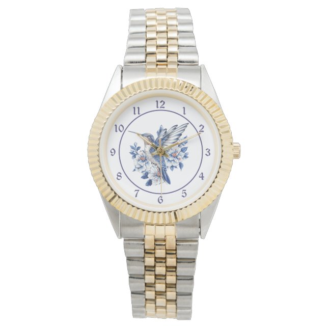 Reloj De Pulsera Blue Floral Hummingbird (Anverso)