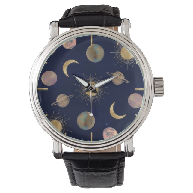Reloj De Pulsera Blue Gold Sun Moon Planets Space ilustracion (Anverso)