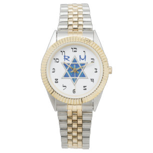 Reloj De Pulsera Blue Magen David, Faux Hebrew Numerals, Monograma