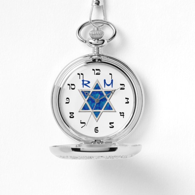 Reloj De Pulsera Blue Magen David, Faux Hebrew Numerals, Monograma (Anverso)