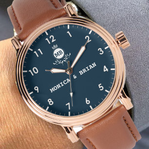 Reloj De Pulsera Blue navy white Monogram gift for couples