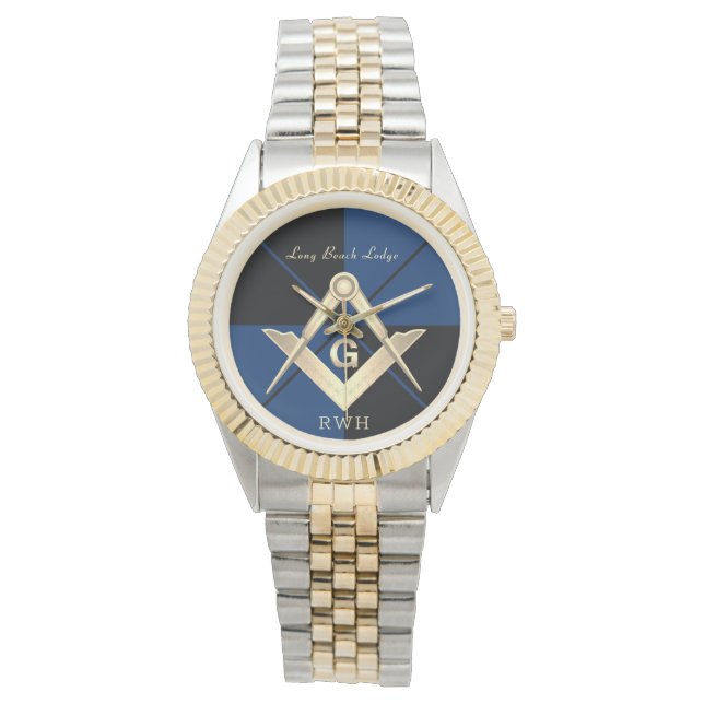 Reloj De Pulsera Blue Pattern Monograma Masonic Lodge Watch (Anverso)