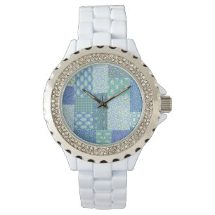 Reloj De Pulsera Blue Periwinkle Floral Boho Faux Patchwork Pattern
