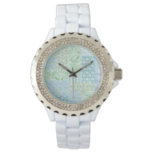 Reloj De Pulsera Blue Periwinkle Flowers Vintage Faux Patchwork