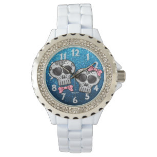 Reloj De Pulsera Blue Pink Purpurina Valentine Moderno Skull de azú