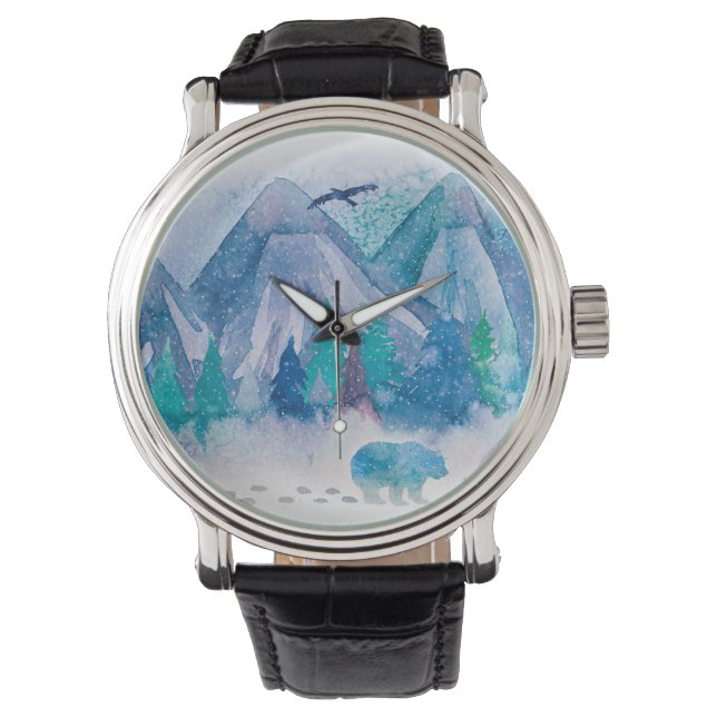Reloj De Pulsera Blue Watercolor Winter Mountain Landscape Art (Anverso)