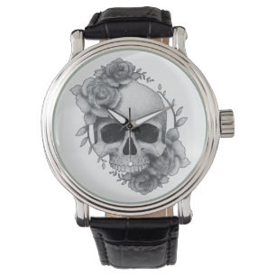 Reloj De Pulsera Boceto de Calavera y Rosas