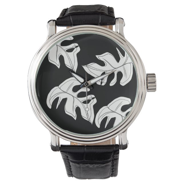 Reloj De Pulsera Boda Botánica Monstera Blanco Negro (Anverso)