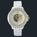 Reloj De Pulsera Boda de diamantes bonito con foto de color blanco<br><div class="desc">Este elegante reloj personalizado tiene un aspecto de anillo boda de diamantes. La banda dorada forma un círculo con números de reloj de plata alrededor del exterior, el "12" reemplazado por la imagen de un diamante. Todo se destaca audazmente en un fondo blanco (ver variaciones de color bajo "Bodas" en...</div>