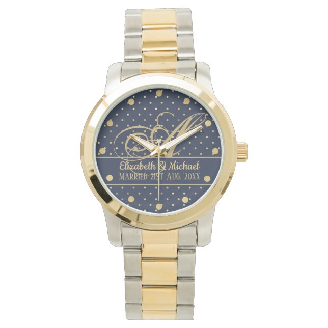 Reloj De Pulsera Boda de Monorgam Navy Blue Gold Polkadot Newlyweds (Anverso)