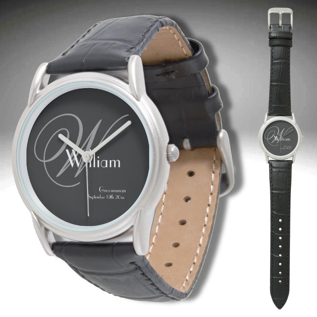 Reloj De Pulsera Boda Groomsman Regalo Monograma moderno Deportes G (Great Groomsman Gift! Modern Monogram, Name, Date Cool Black Silver Leather Customized Sports Watch.)