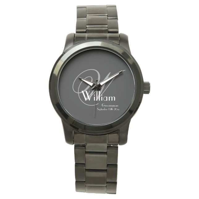 Reloj De Pulsera Boda Groomsman Regalo Monograma moderno Guay Negro (Anverso)