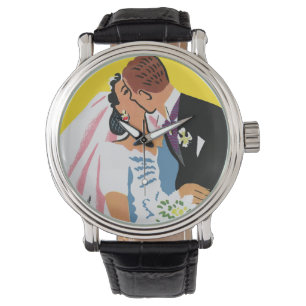 Reloj De Pulsera Boda Vintage, recién casados besándose