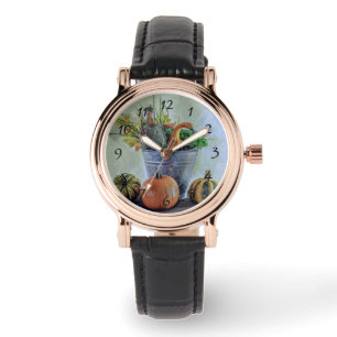Reloj De Pulsera Bodegón de otoño con calabazas, flores