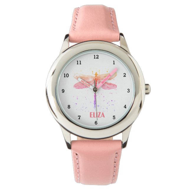 Reloj De Pulsera Boho Dragonfly acuarela Chicas Cuadros rosados Pas (Anverso)
