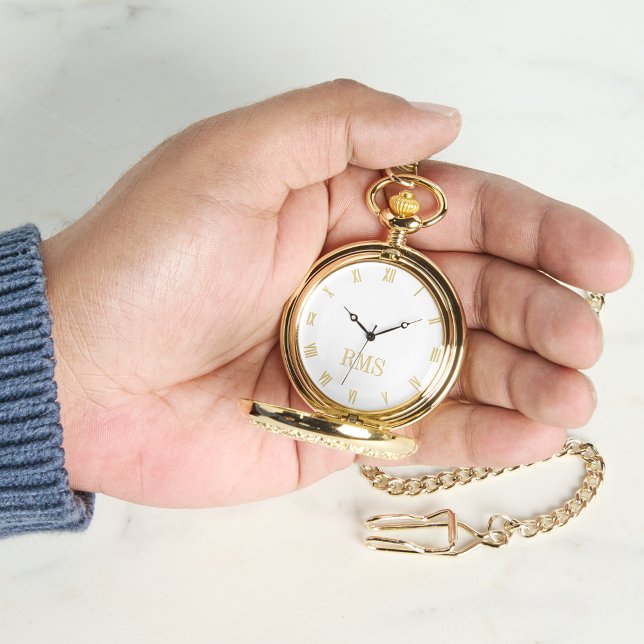 Reloj De Pulsera Bolsillo monogramado de oro blanco clásico (Classic Timepiece White Gold Monogrammed Pocket Watch)